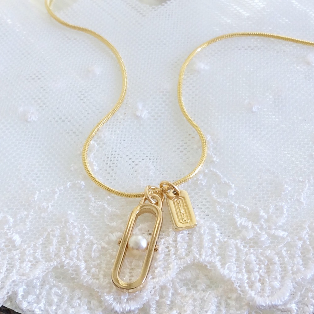 Coach Pearl Bar & Hangtag Charm Necklace